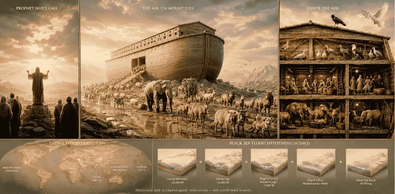 Hazrat Nooh A.S. building the Ark on Mount Judi with animals entering in pairs — cinematic illustration for Chapter 7 of Chronicles of Unknown.