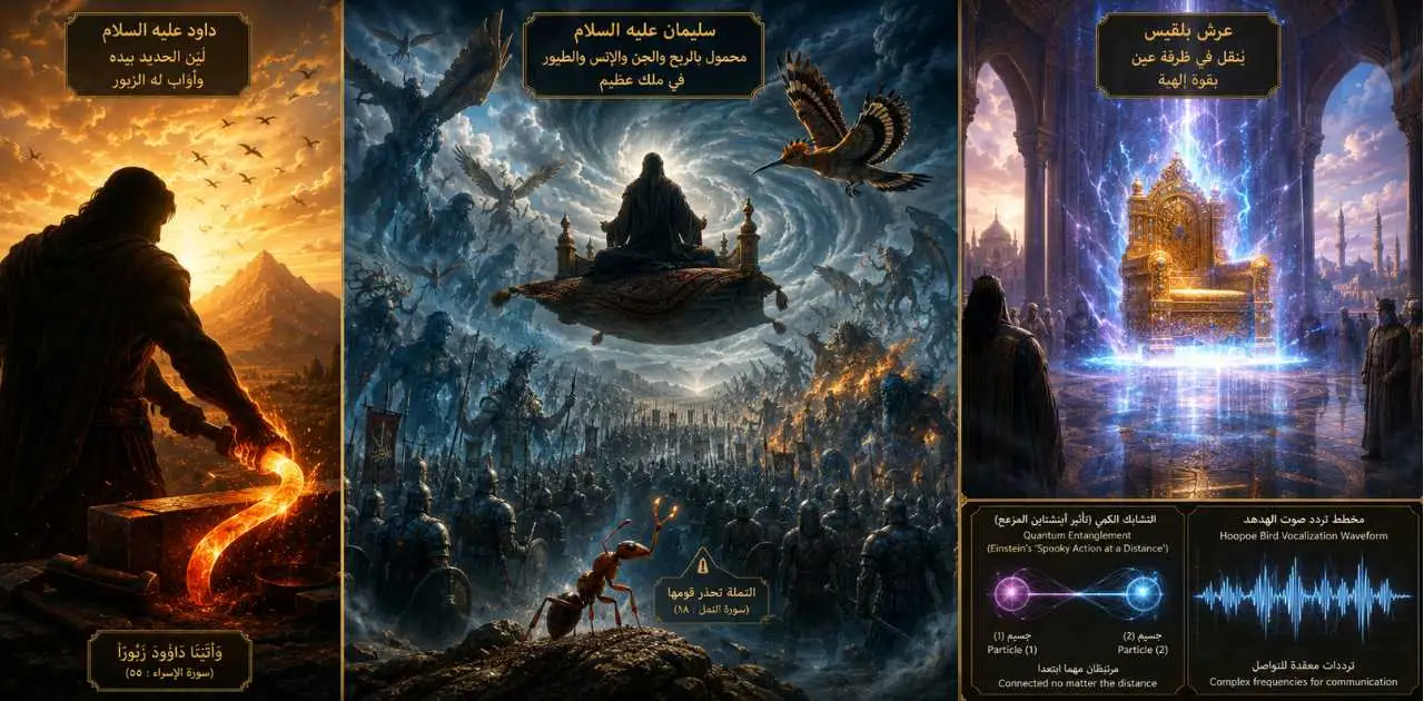 Epic Quranic illustration of Prophet Dawood forging iron Prophet Sulaiman commanding the wind and armies and Queen Bilqis throne teleporting in mystical blue light.webp